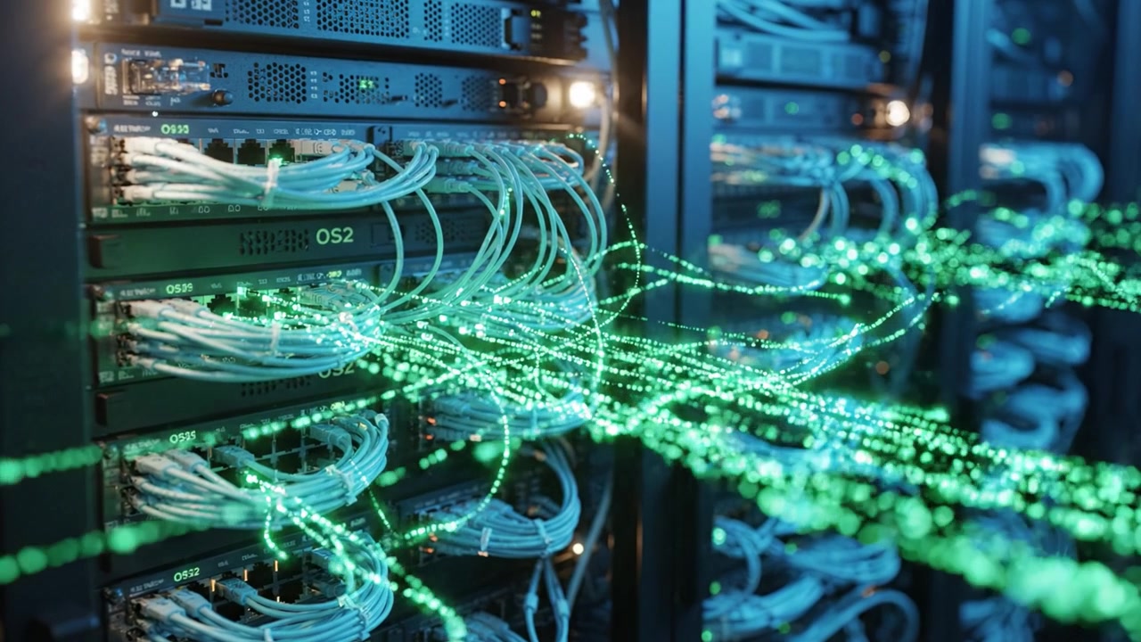 A Deep Dive into Network Infrastructure: An Insightful Look at Server Racks and Data Flow Featuring Lively Cable Connections and Digital Transmissions