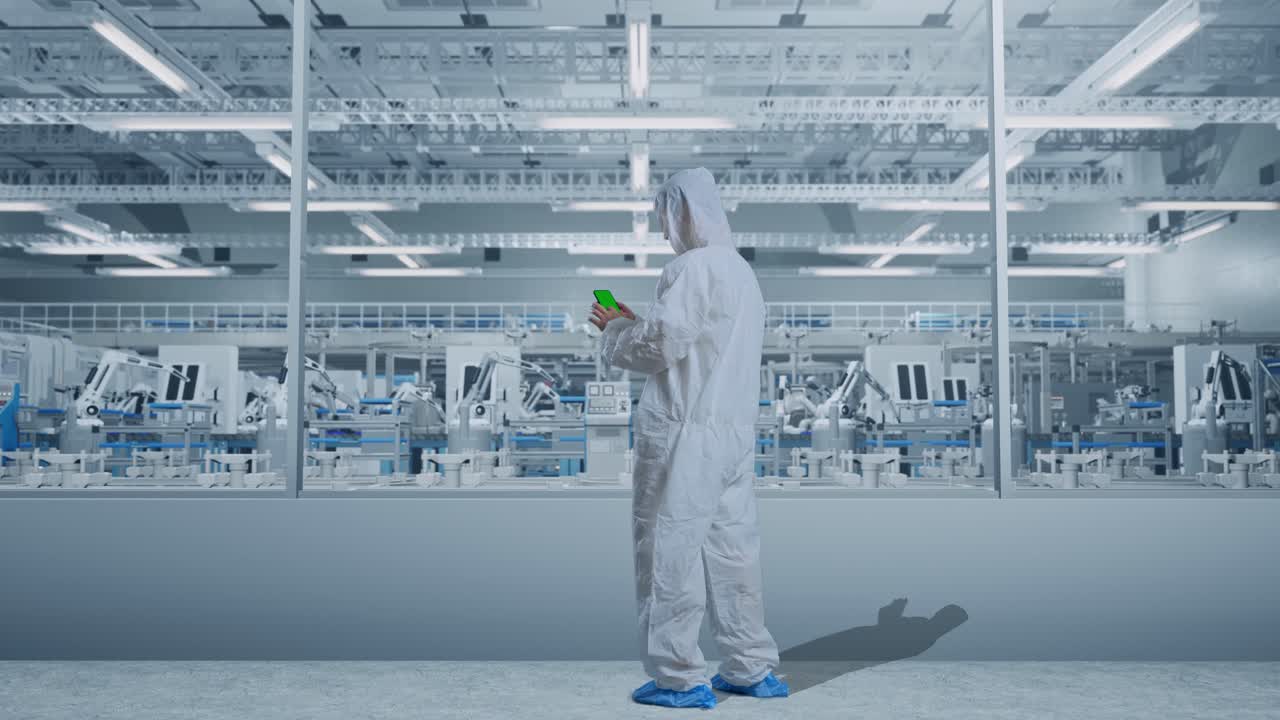 vista trasera completa del cuerpo de un científico masculino asiático que usa un teléfono inteligente de pantalla verde simulado mientras está de pie en una fábrica de laboratorio moderna con robots automatizados