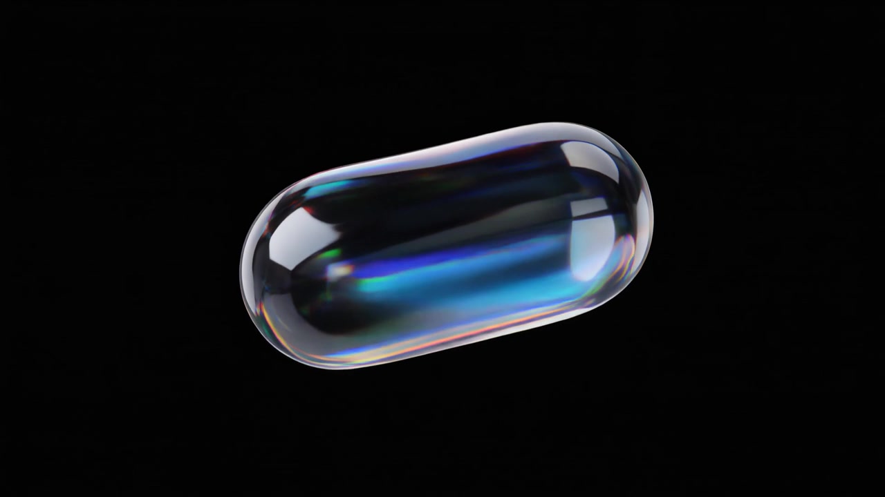 Capsula 3D astratta fluttuante con riflessi di luce iridescenti