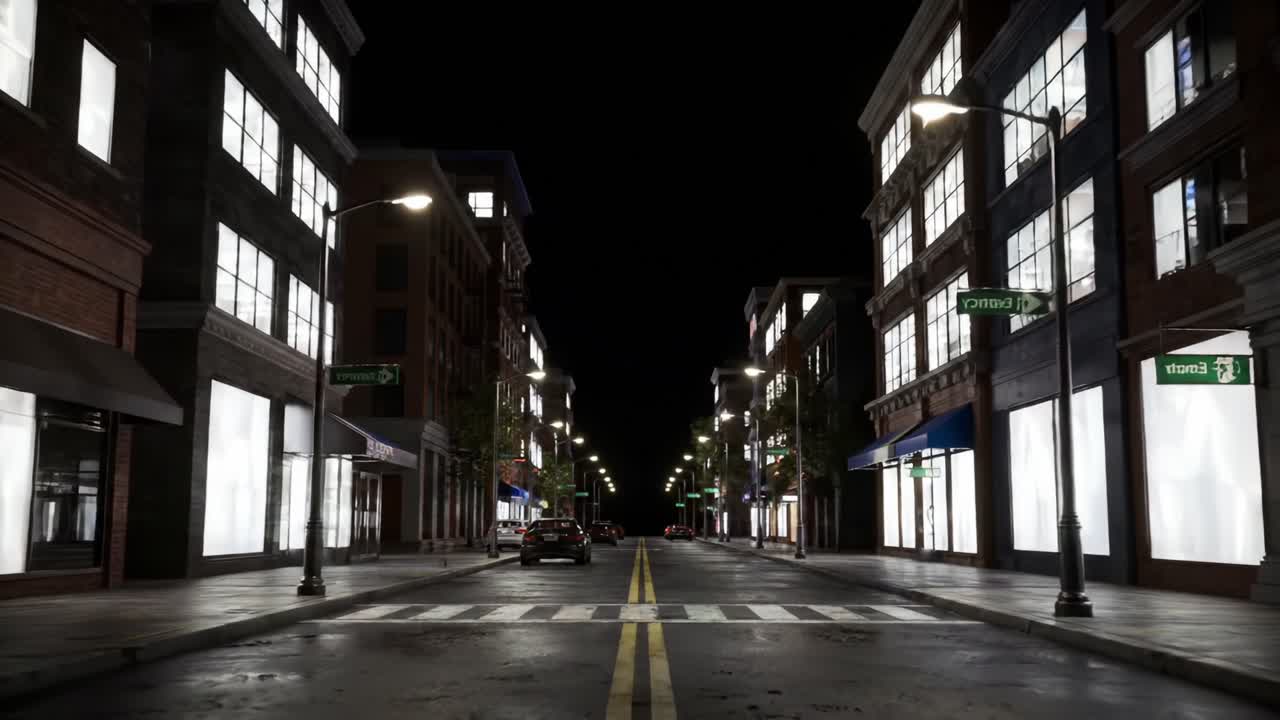 A Nighttime Urban Scene Showcasing a Quiet Street with Illuminated Buildings and Parked Cars, Capturing the Essence of City Life in Darkness and Light