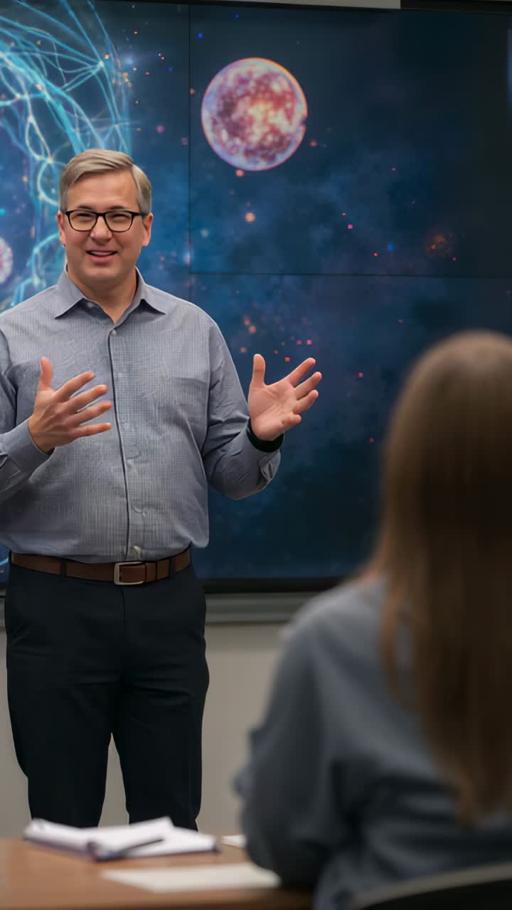 Vertical video: Starting lecture lecturer in shirt explaining AI screen and gesturing in classroom