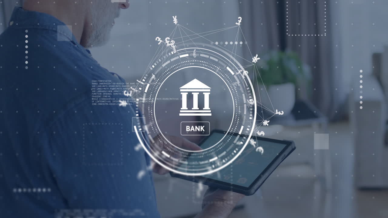 Animation of bank sign, network and data processing over caucasian man using laptop