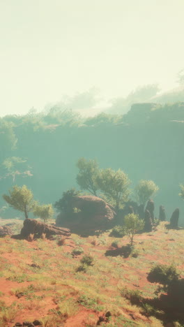 paisaje pacífico con niebla y árboles verdes