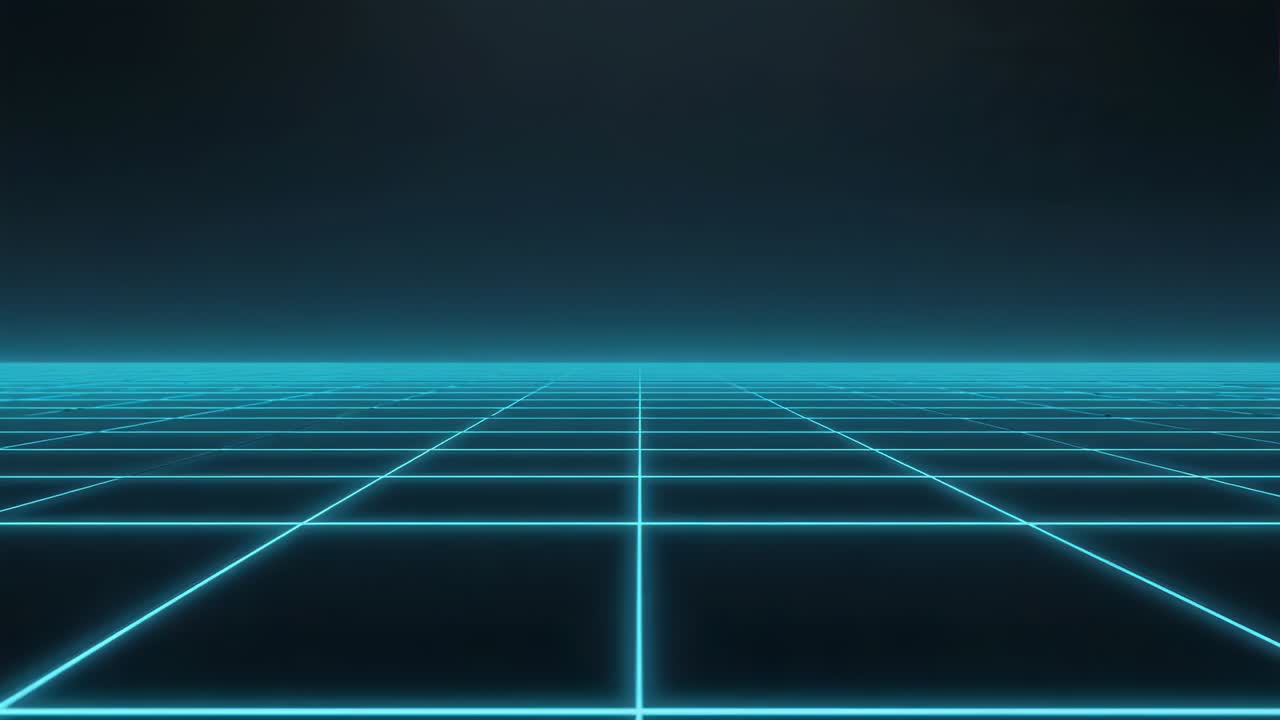 Viser neongitter, der forsvinder i et forsvindingspunkt i synthwave med cyan horisontbånd og mørk baggrund