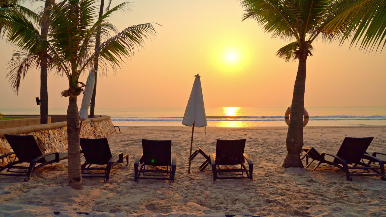 Sombrilla de playa con palmeras y playa al amanecer.
