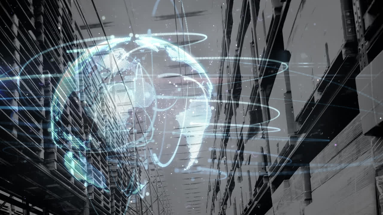 Animation of network of connections over shelves in warehouse