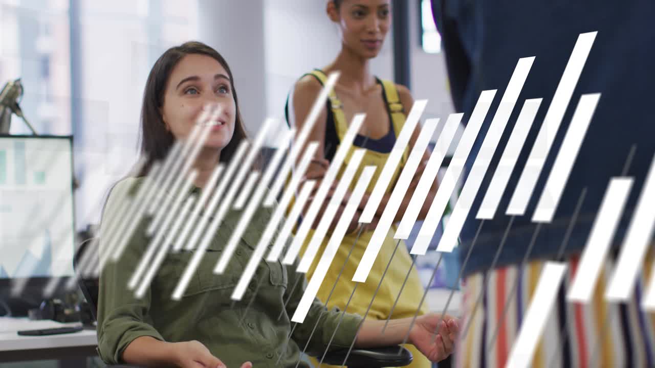 Seated woman explaining project in office as peer enters frame, diagonal bars sweeping across faces