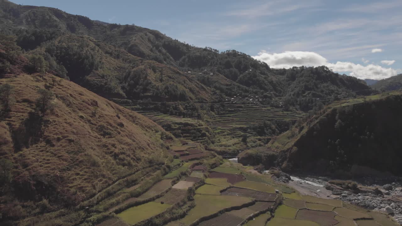 campos de terraza granjas de arroz vegetal acercándose a la comunidad montañosa revelando el valle gran angular aéreo rápido en kabayan benguet filipinas