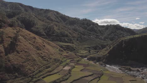 terrace fields farms vegetable paddy approaching mountainous community revealing valley fast aerial wide angle in kabayan benguet philippines