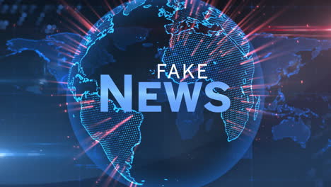 animation of blue word fake news with globe rotating in background