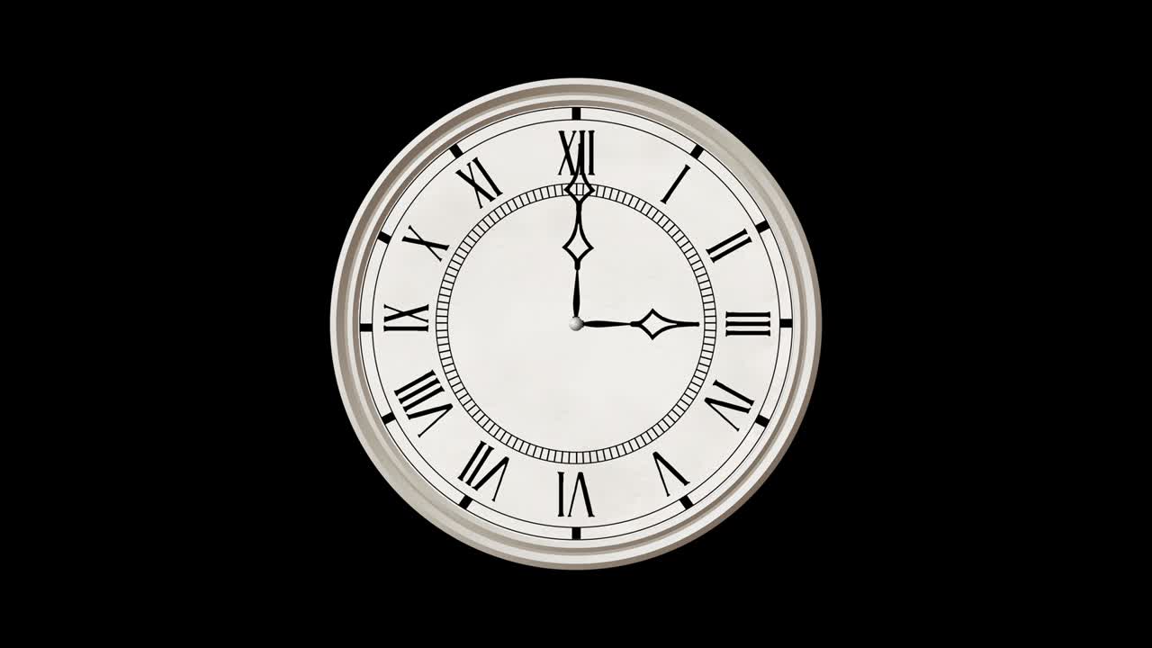 Vintage wall clock animation, seamless loop, full 12-hour cycle in 24 seconds. Alpha channel included