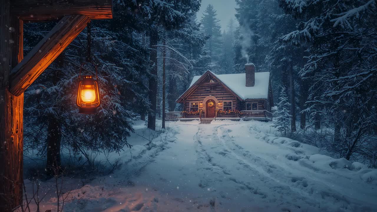 Emitting smoke from chimney, fire keeping center log cabin lit at snowy drive, lantern flickering