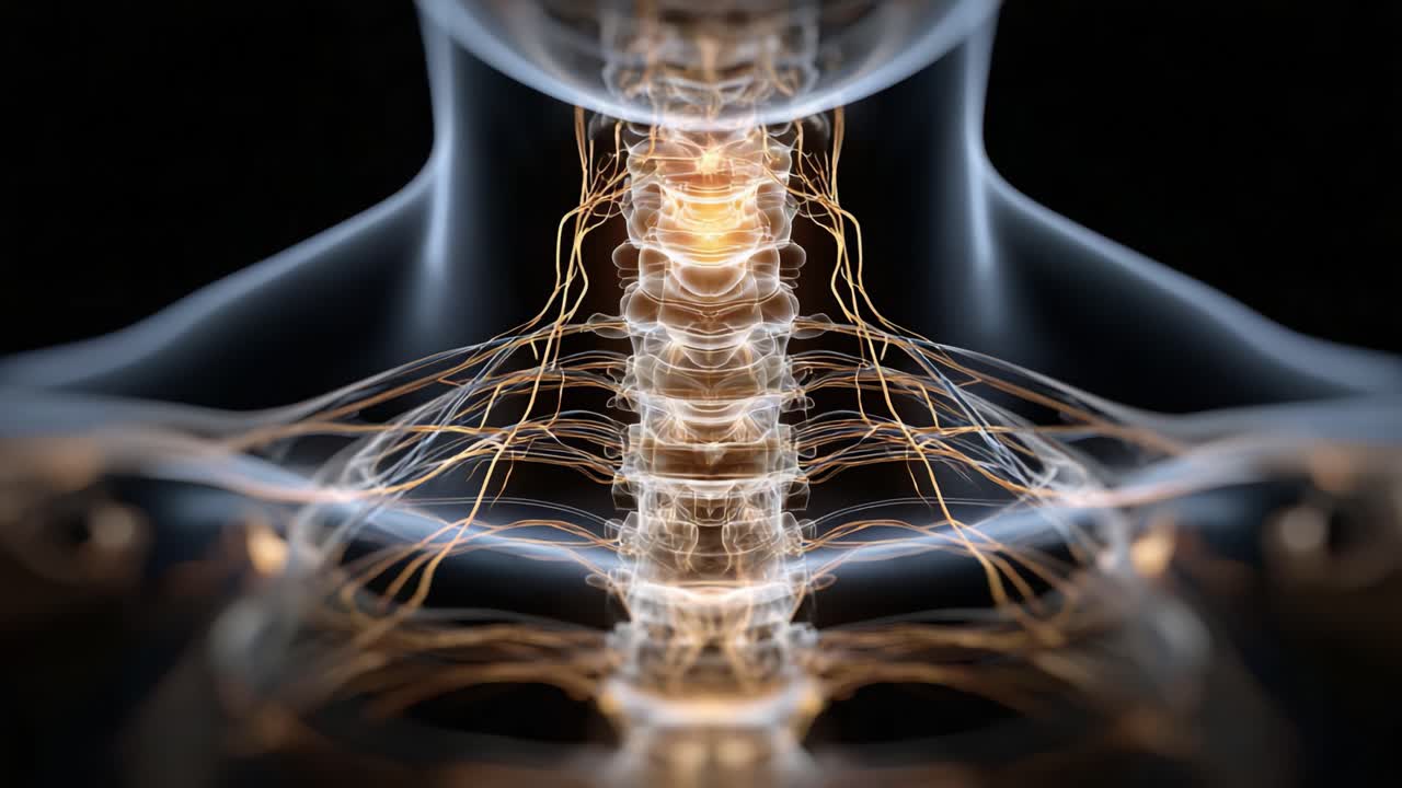 En betagende visualisering af den menneskelige rygsøjle og nervesystemet. Den fanger det komplekse netværk af nerver og nervebaner i imponerende detaljer.