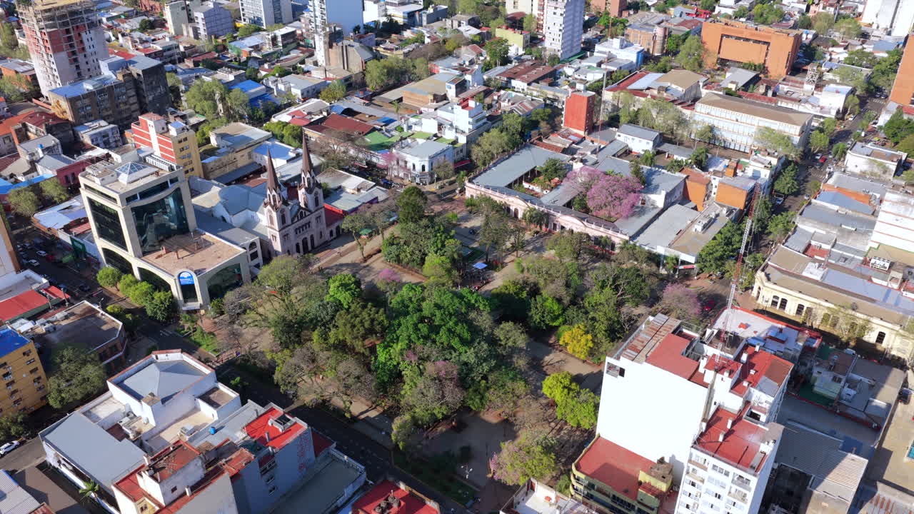 Aerial view of Plaza 9 de Julio in downtown Posadas, Misiones, Argentina