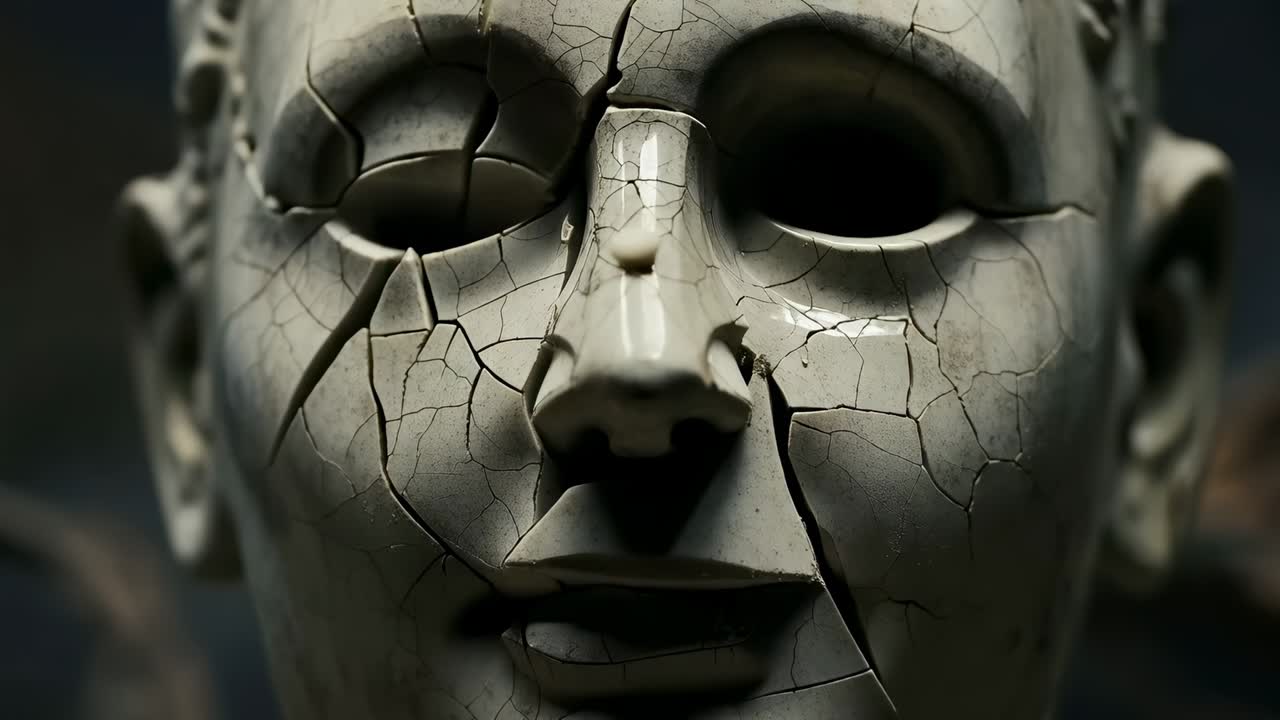 Scultura del volto in porcellana screpolata che si stacca, perde frammenti in uno studio buio, rivelando il vuoto