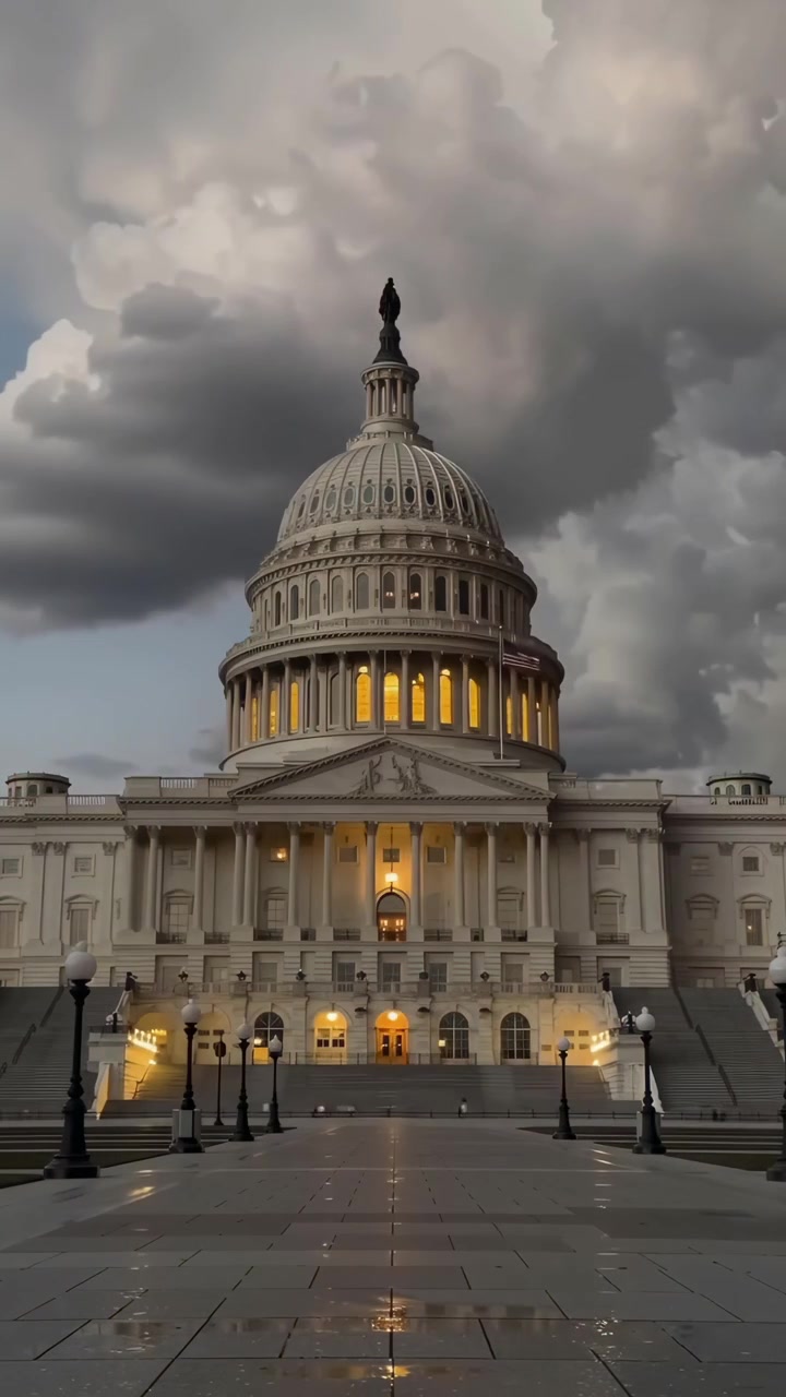 Time-lapse del Campidoglio degli Stati Uniti al crepuscolo con nuvole drammatiche e pedoni