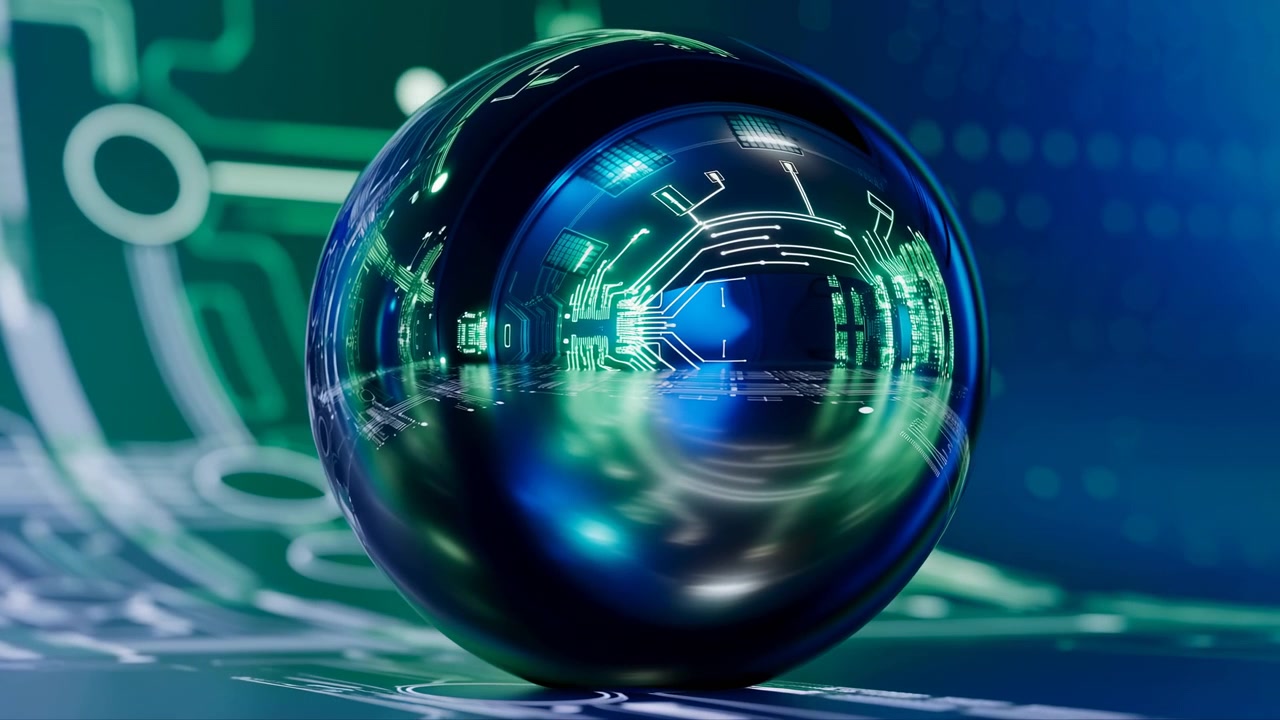 A glossy transparent sphere is centered against a futuristic abstract background with blue and green circuit-like lines, glowing panels, soft neon light,