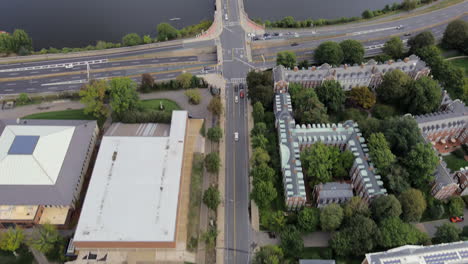 flying down north harvard street across the anderson memorial bridge toward the harvard university campus to view the elliot house, weld boat house and other iconic buildings