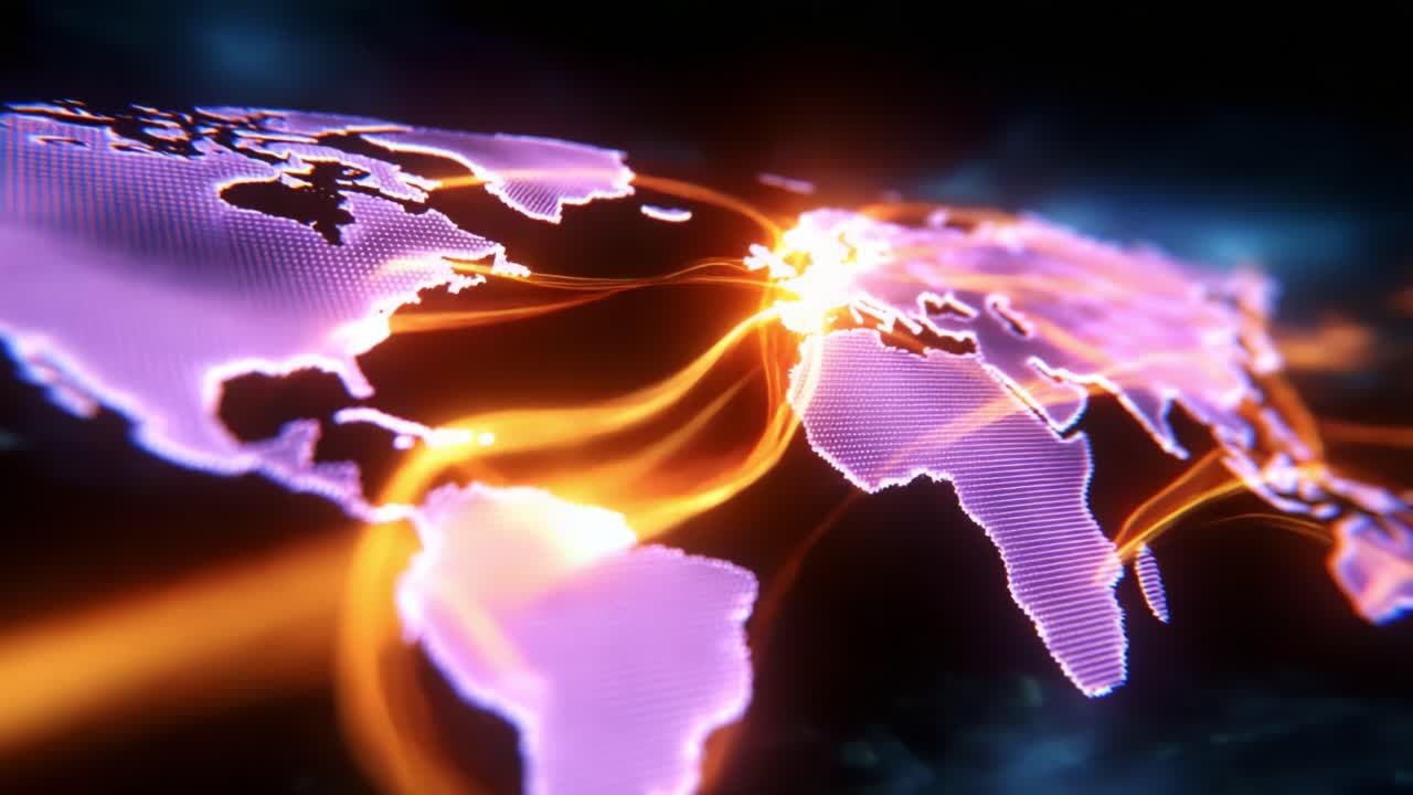Dynamic Global Connectivity: A Stunning Visualization of the World Map Highlighting Network Patterns with Flowing Lines of Light Signifying Data Transfer and Global Interactions