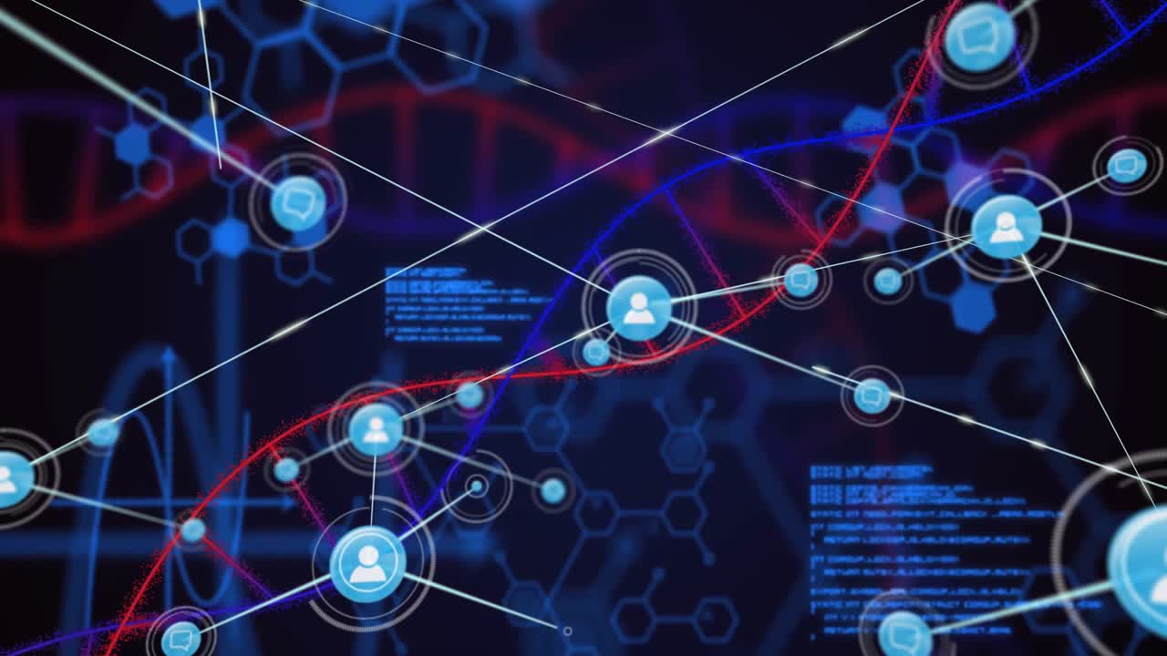 Single user icon appearing over code starting node linking and growing data network along DNA helix