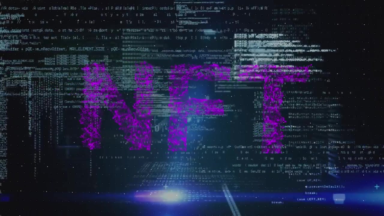 黒い背景でデータ処理の上にNFTの文字が重なるアニメーション