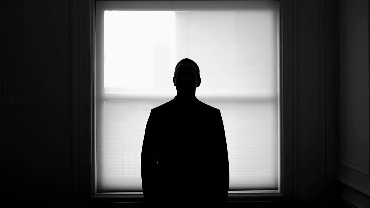 Mysterious Silhouette of a Man Standing Against a Bright Window