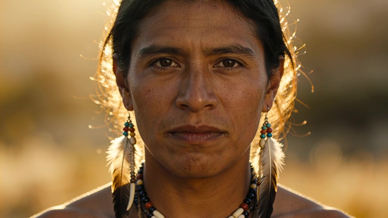 Aufnahme eines indigenen Mannes, der in der Ebene Kopfbewegungen macht, mit nackten Schultern, Perlen und Federohrringen.