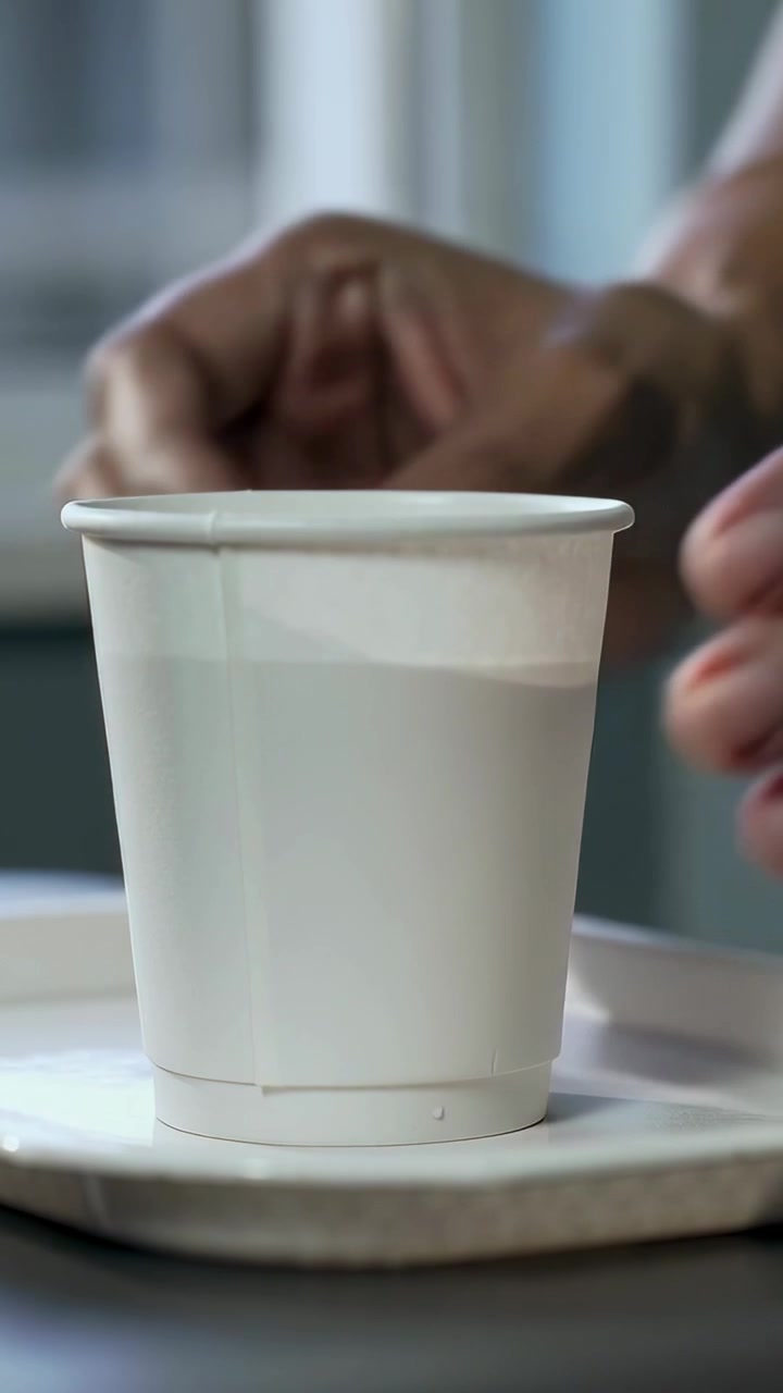 Vertical video: Lowering woman placing paper cup onto tray at table for serving, showing ring