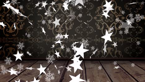 animación de estrellas de navidad cayendo sobre un fondo decorativo marrón