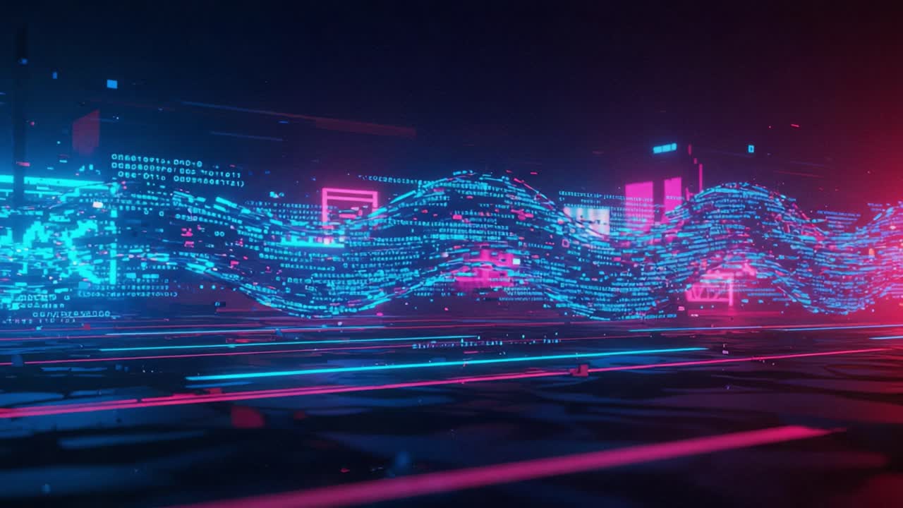 Onda di dati vibrante: una visualizzazione accattivante di informazioni digitali in streaming in tonalità blu neon e rosa con motivi astratti.