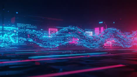 vibrant data wave: a captivating visualization of streaming digital information in neon blue and pink hues with abstract patterns