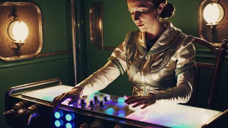 woman operating a futuristic vintage console