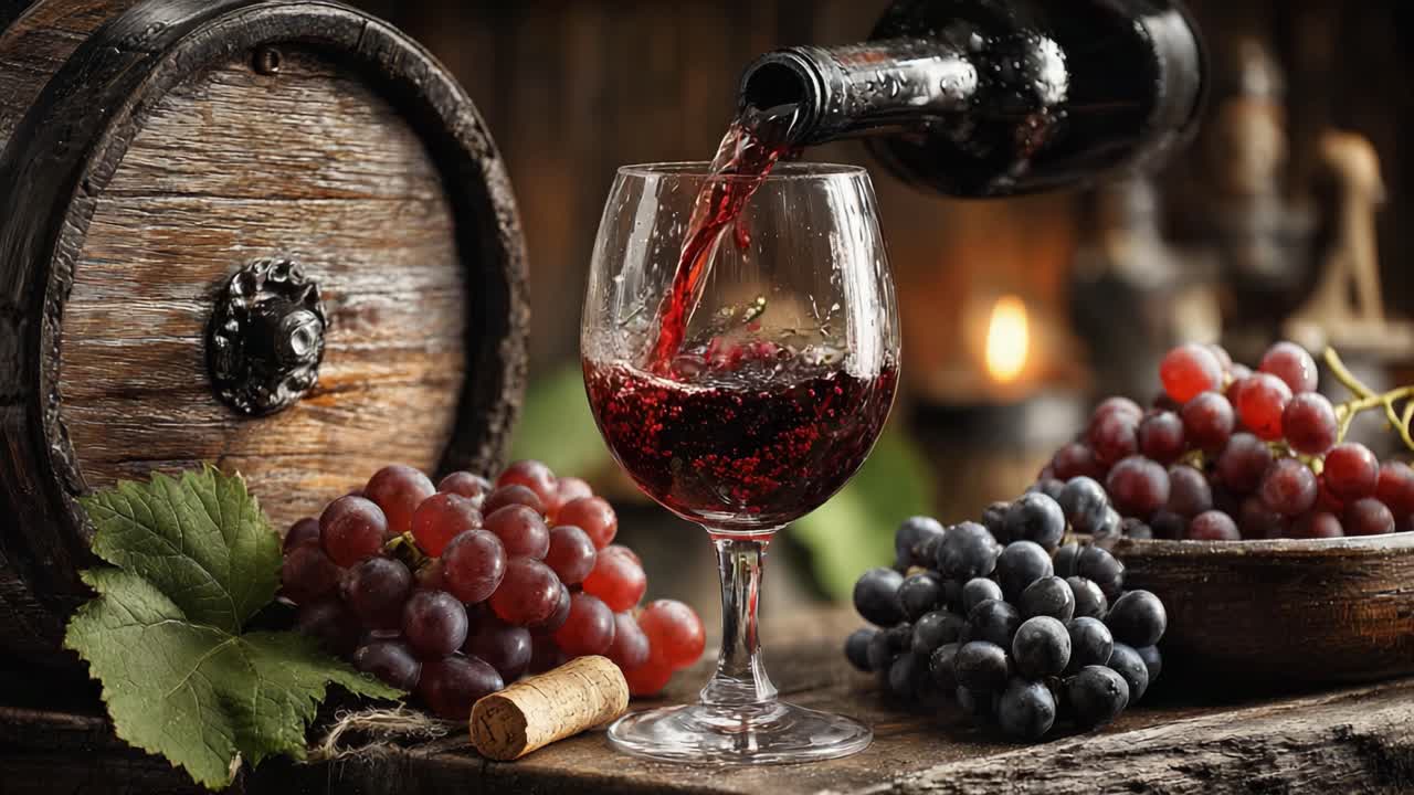 Imagen cautivadora del vertido de vino tinto intenso en una copa rodeada de exuberantes uvas y barriles rústicos en un ambiente cálido y acogedor