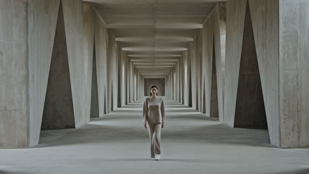 Woman walking in a long concrete hallway