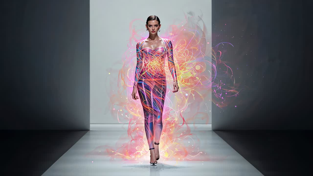Walking model striding from bright portal opening, showing dress on catwalk with glowing filaments