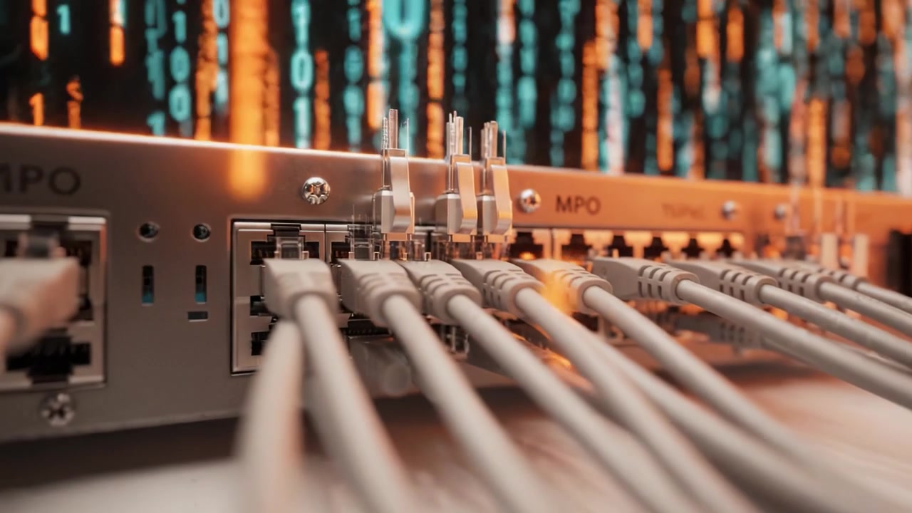 Exploring High-Speed Data Transmission with Advanced MPO Connectors and Networking Equipment in a Modern Digital Environment, Highlighting Cable Management and Connectivity