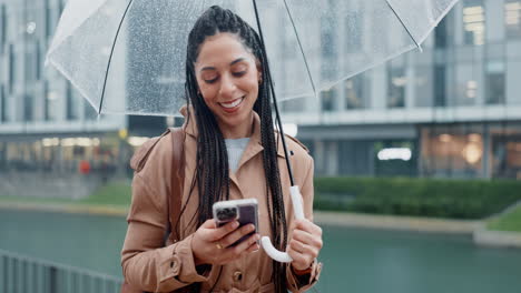 Phone,-umbrella-and-woman-in-rain-in-a-city-typing