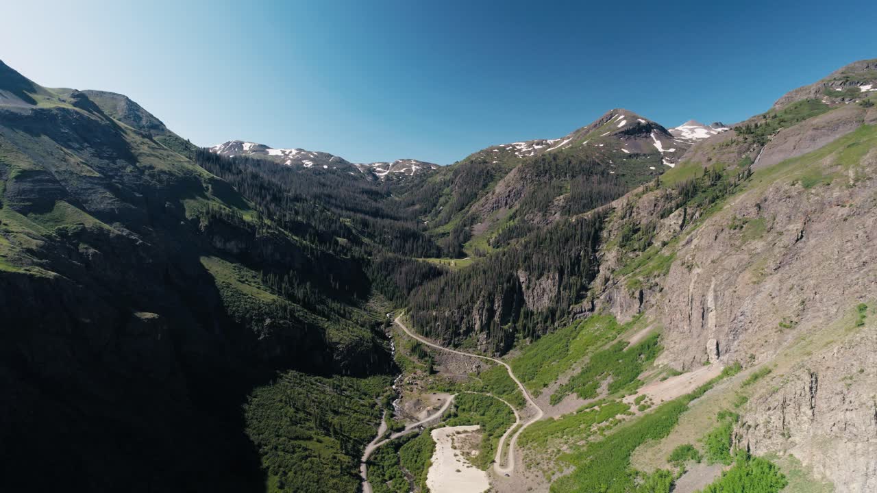 Aerial shot of a valley in the San Juan mountain range following a winding road.