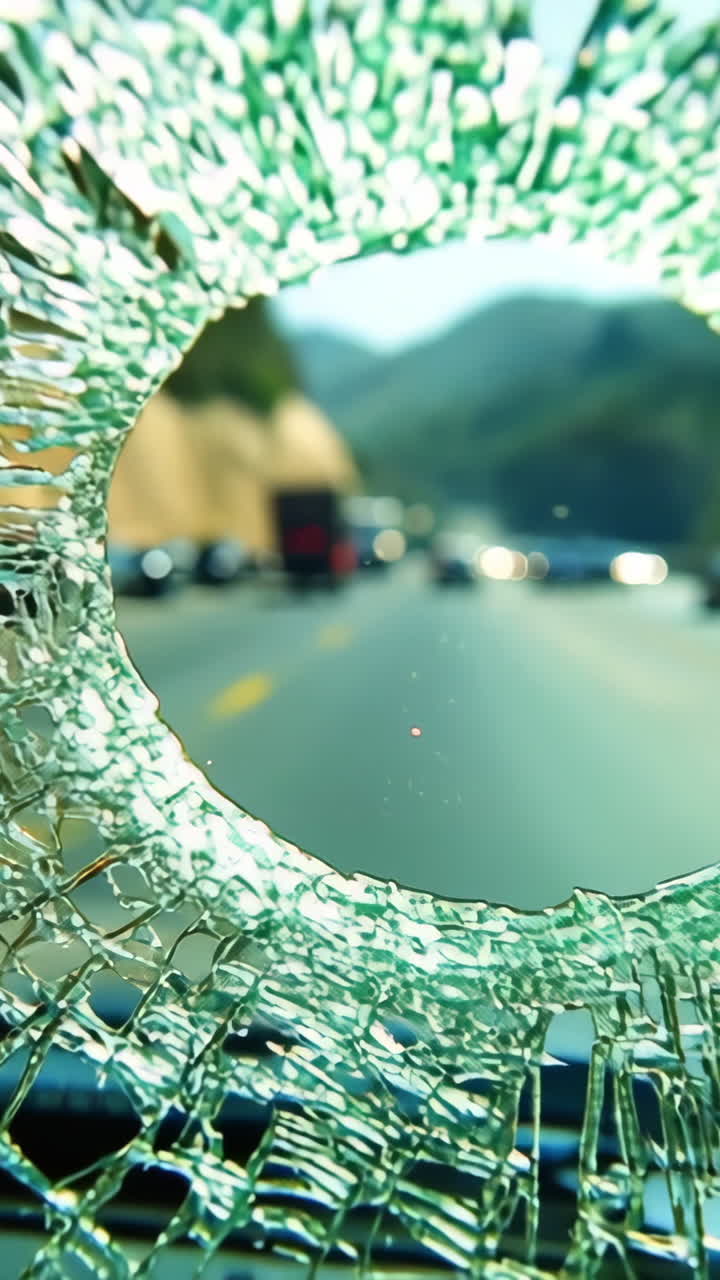 Broken windshield view on busy highway. A cracked windshield offers a distorted view of traffic on a busy highway during daytime travel.