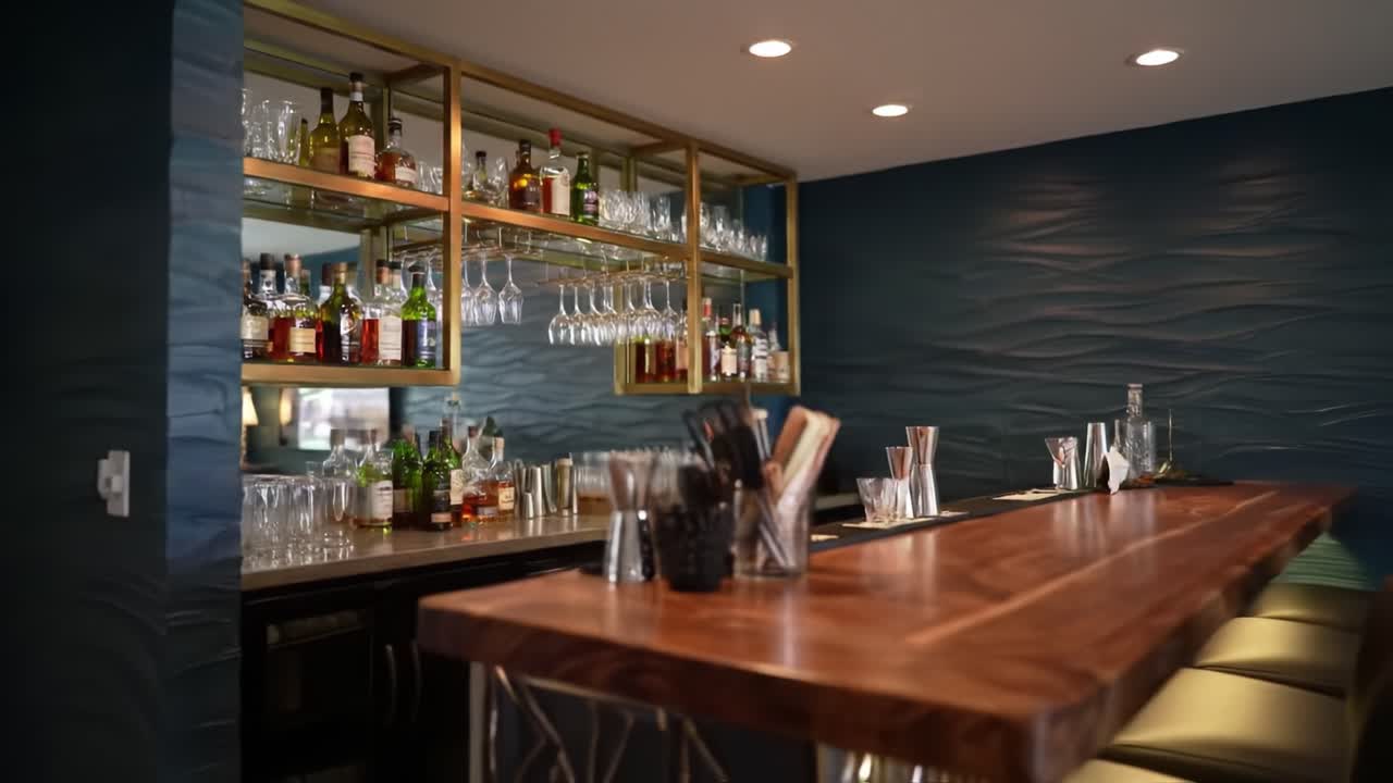 A Stylish Modern Home Bar Featuring an Array of Spirits, Glassware, and Contemporary Design Elements That Create an Inviting Atmosphere for Gatherings