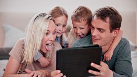 happy family, selfie and bedroom with funny face