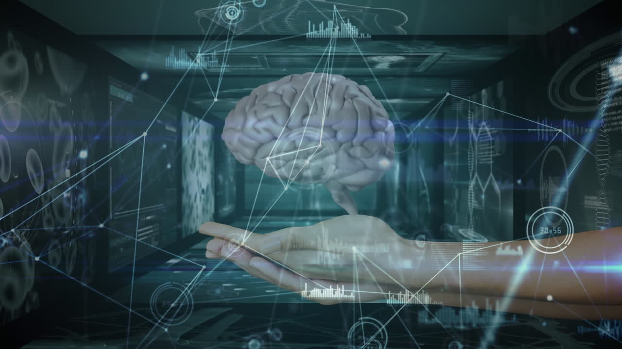 video compuesto digital de la red de conexiones contra el cerebro girando sobre las manos cubiertas