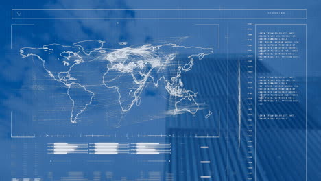animación de la interfaz con el procesamiento de datos y el mapa del mundo contra la vista de ángulo bajo de un edificio alto