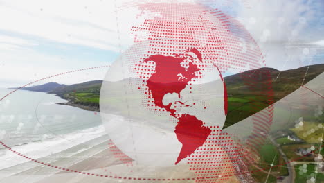 red world map animation over coastal landscape with hills and ocean waves