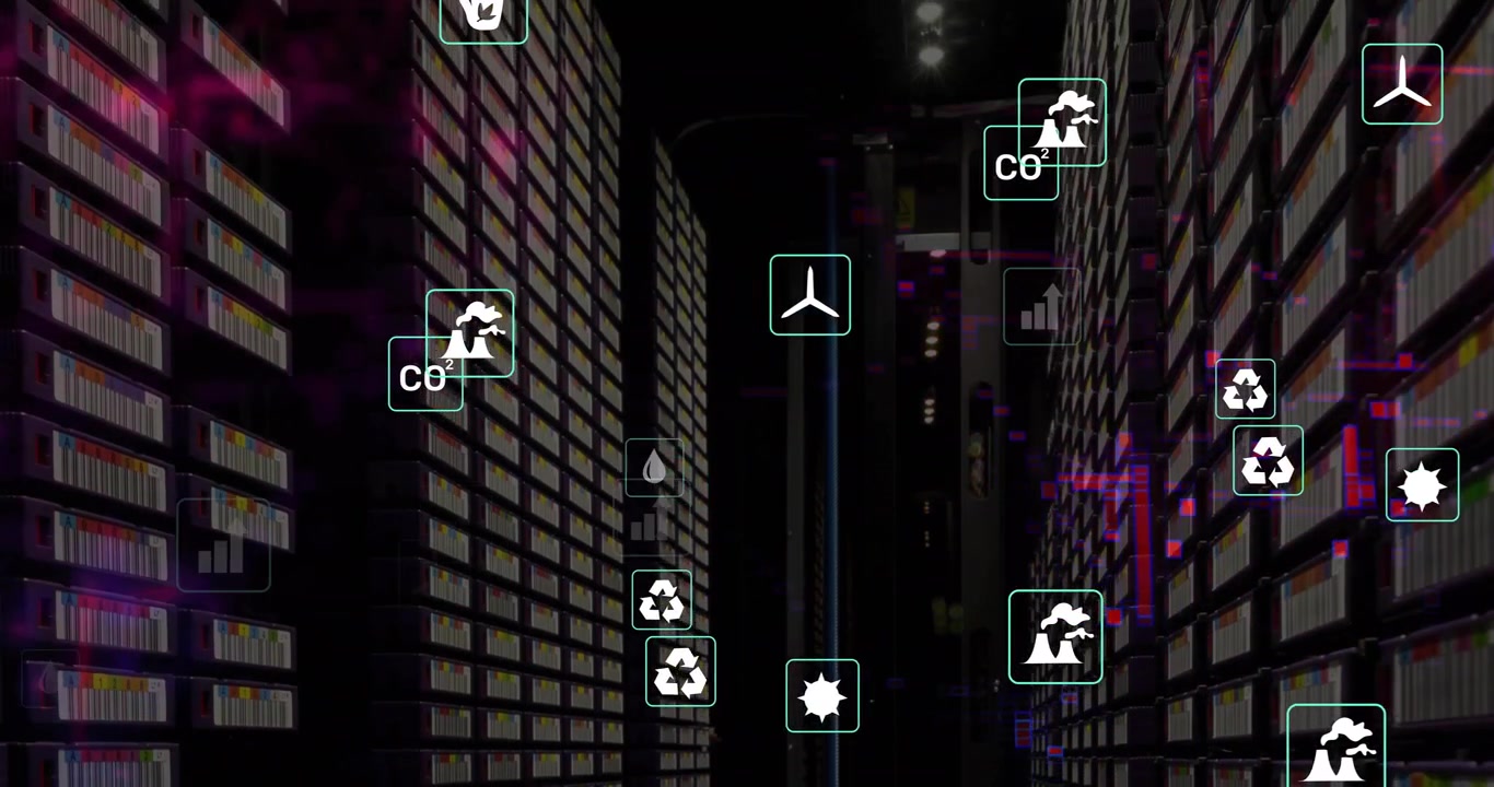 Animation of eco icons and data processing over computer servers