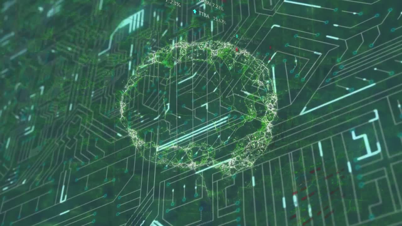 Animation of brain, integrated circuit and graphs on black background