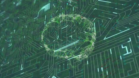 animación del cerebro, circuito integrado y gráficos en fondo negro.