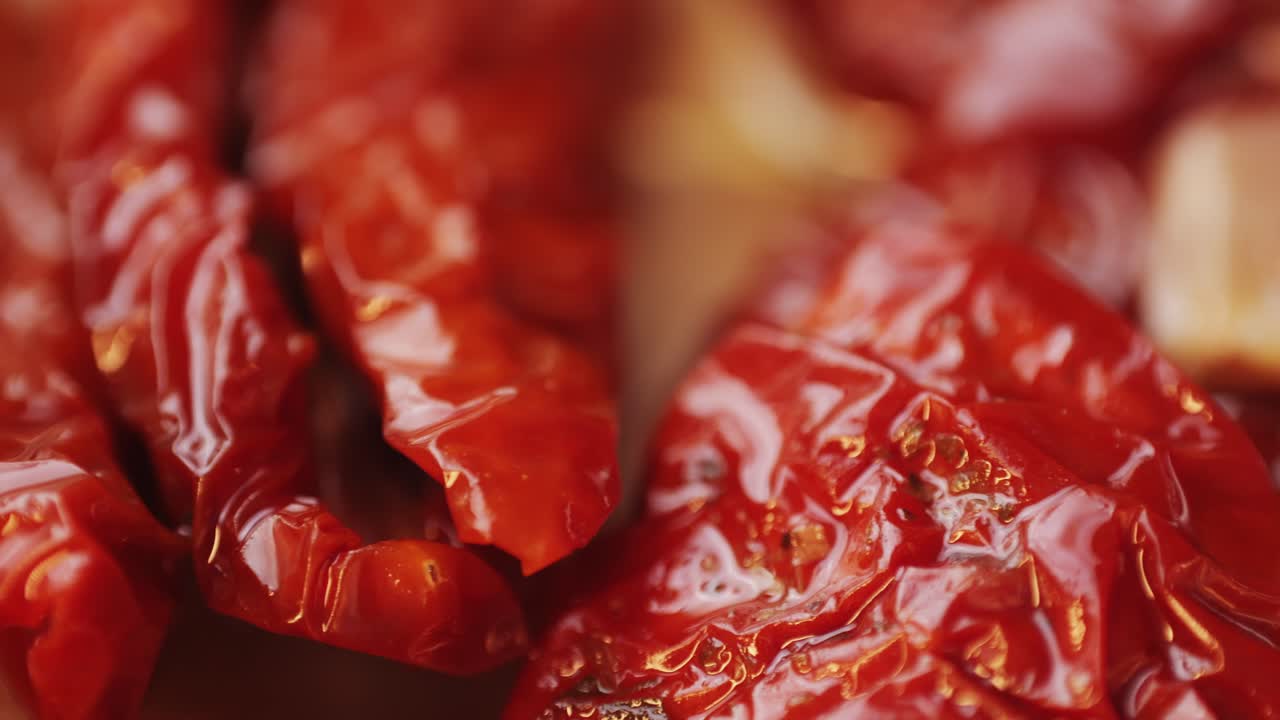 Dried tomatoes close up, Italian restaurant with traditional food, Spanish cuisine, delicious tapas and white wine, bruschetta with cheese, olives dry tomatoes and tasty sandwich bar appetizer, buffet