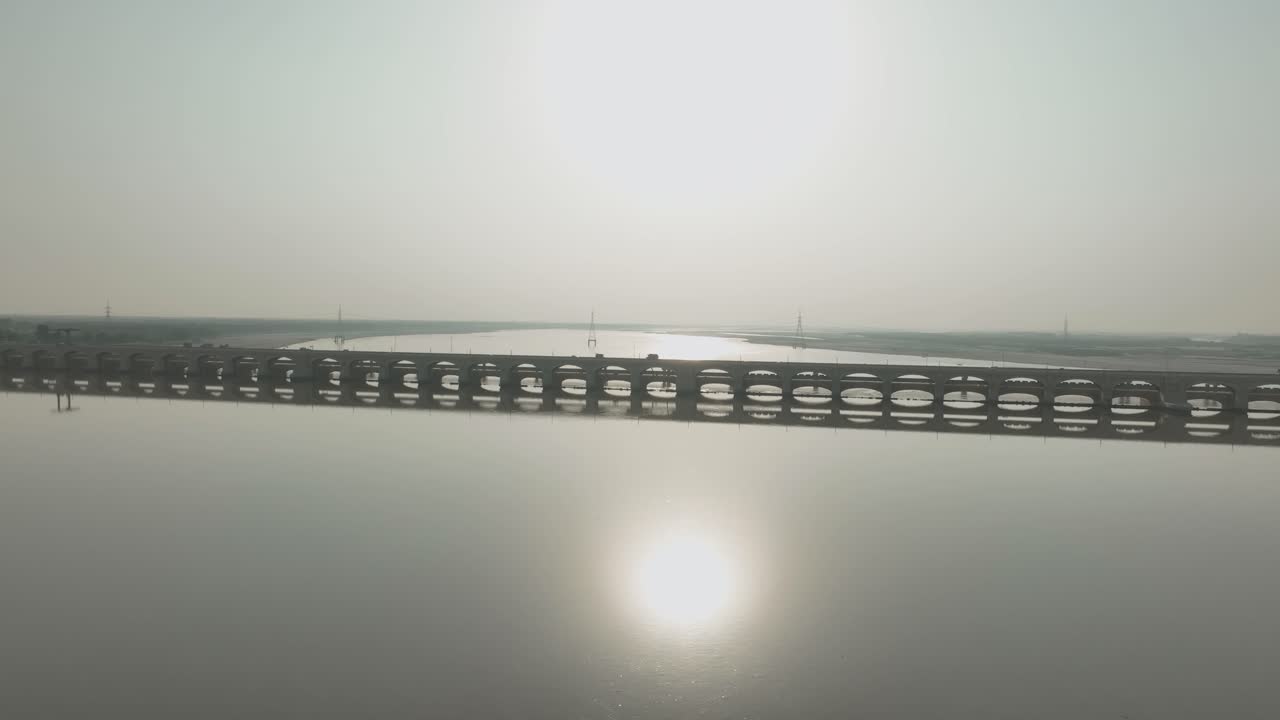 Sunrise over Sukkur Barrage, Sindh - aerial