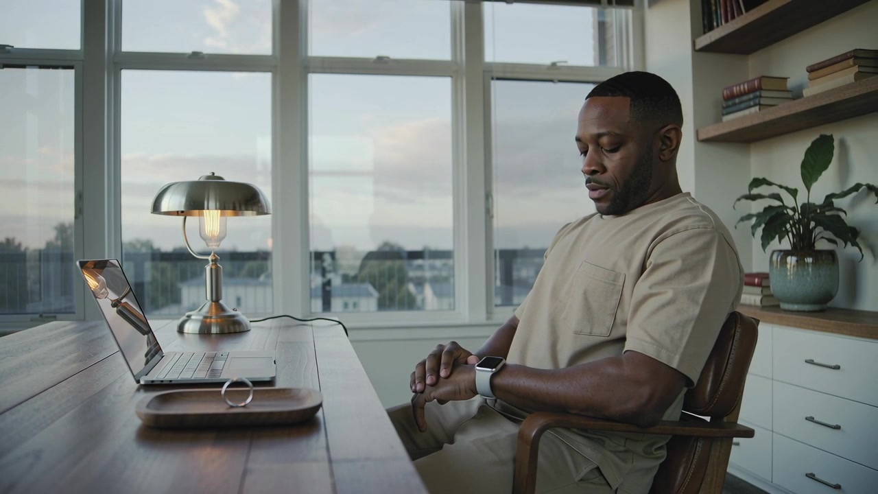 Checking man in beige shirt glancing at smartwatch, preparing laptop at home-office, copy space
